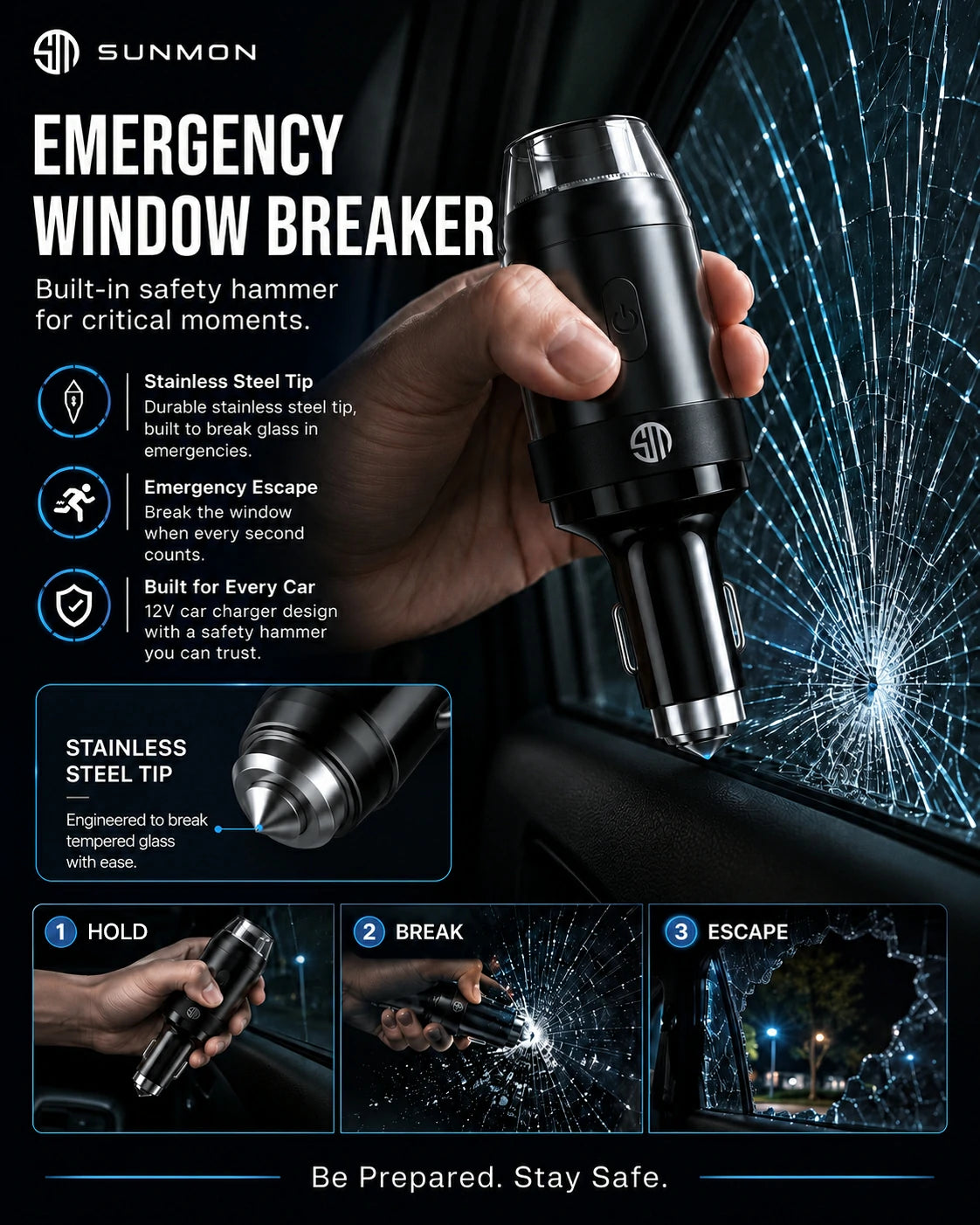 Sunmon Mini Portable Electric Shaver for Car with Window Breaker & Type-C Phone Charger