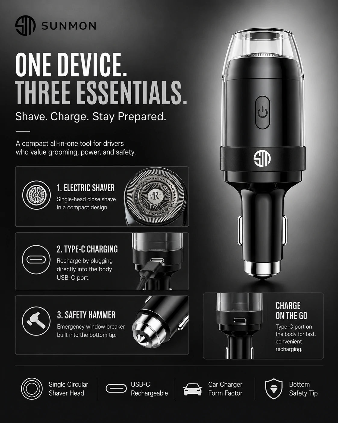 Sunmon Mini Portable Electric Shaver for Car with Window Breaker & Type-C Phone Charger