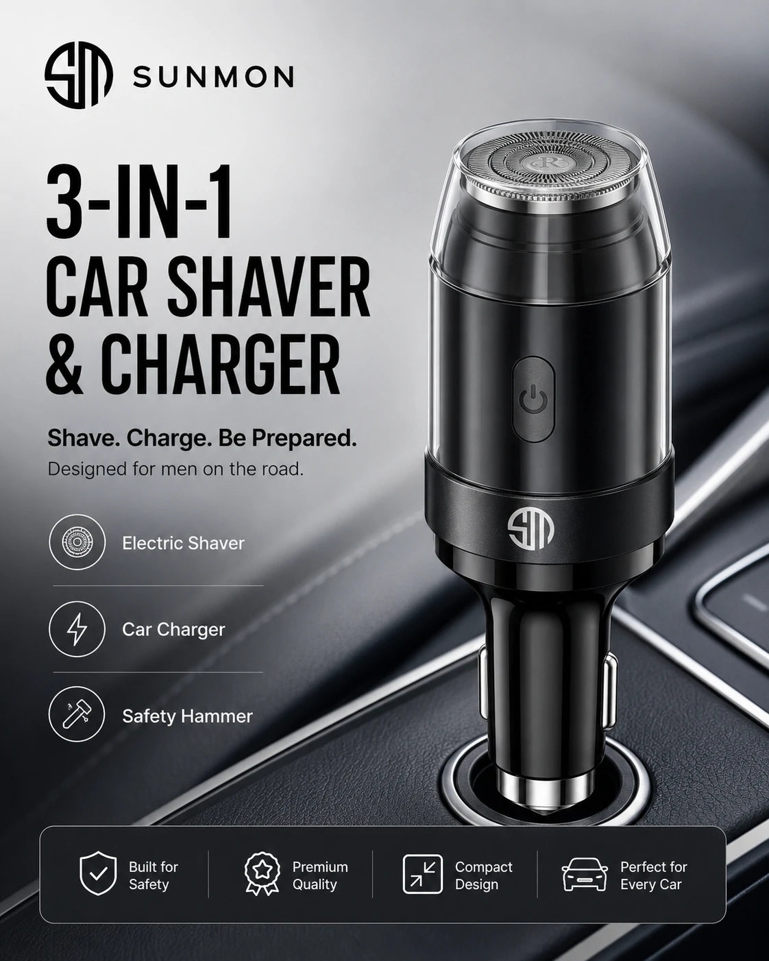 Sunmon Mini Portable Electric Shaver for Car with Window Breaker & Type-C Phone Charger