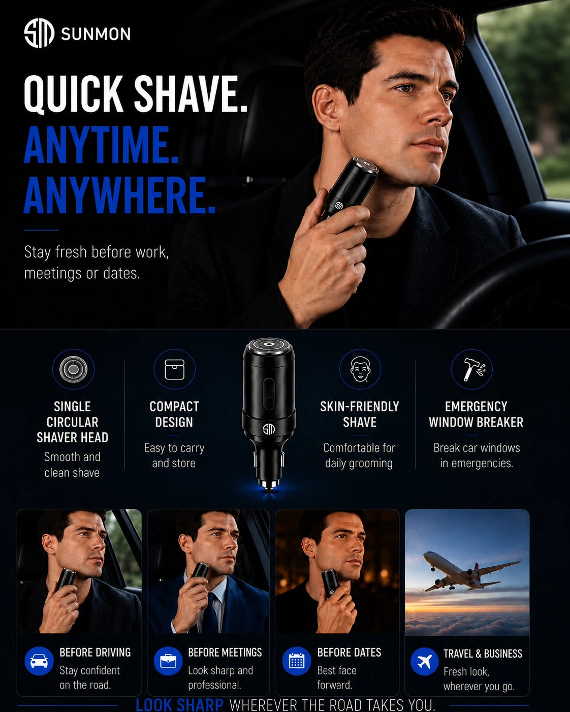 Sunmon Mini Portable Electric Shaver for Car with Window Breaker & Type-C Phone Charger
