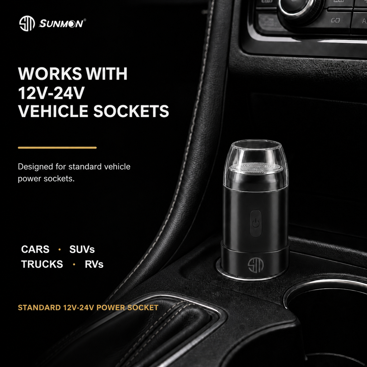 Sunmon 3-in-1 car shaver installed in a 12V-24V vehicle power socket