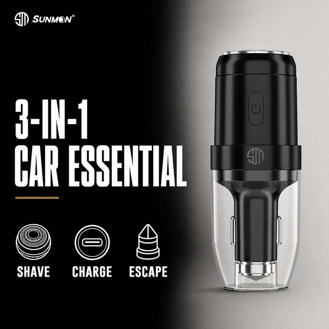 Sunmon 3-in-1 car shaver with phone charging and emergency window breaker