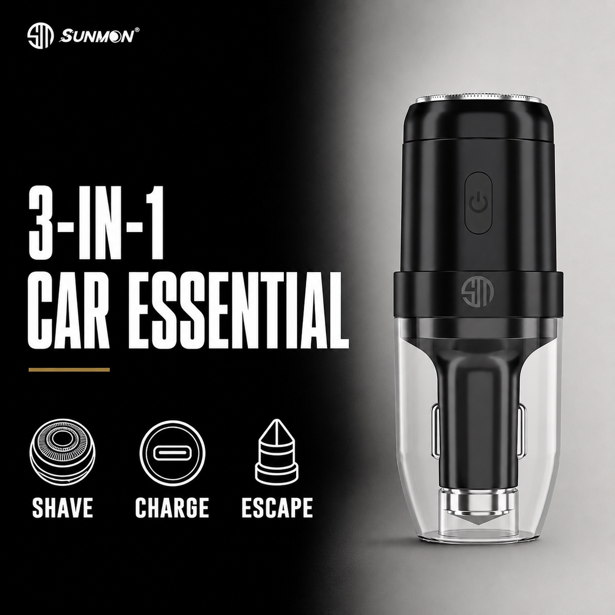 Sunmon 3-in-1 car shaver with phone charging and emergency window breaker