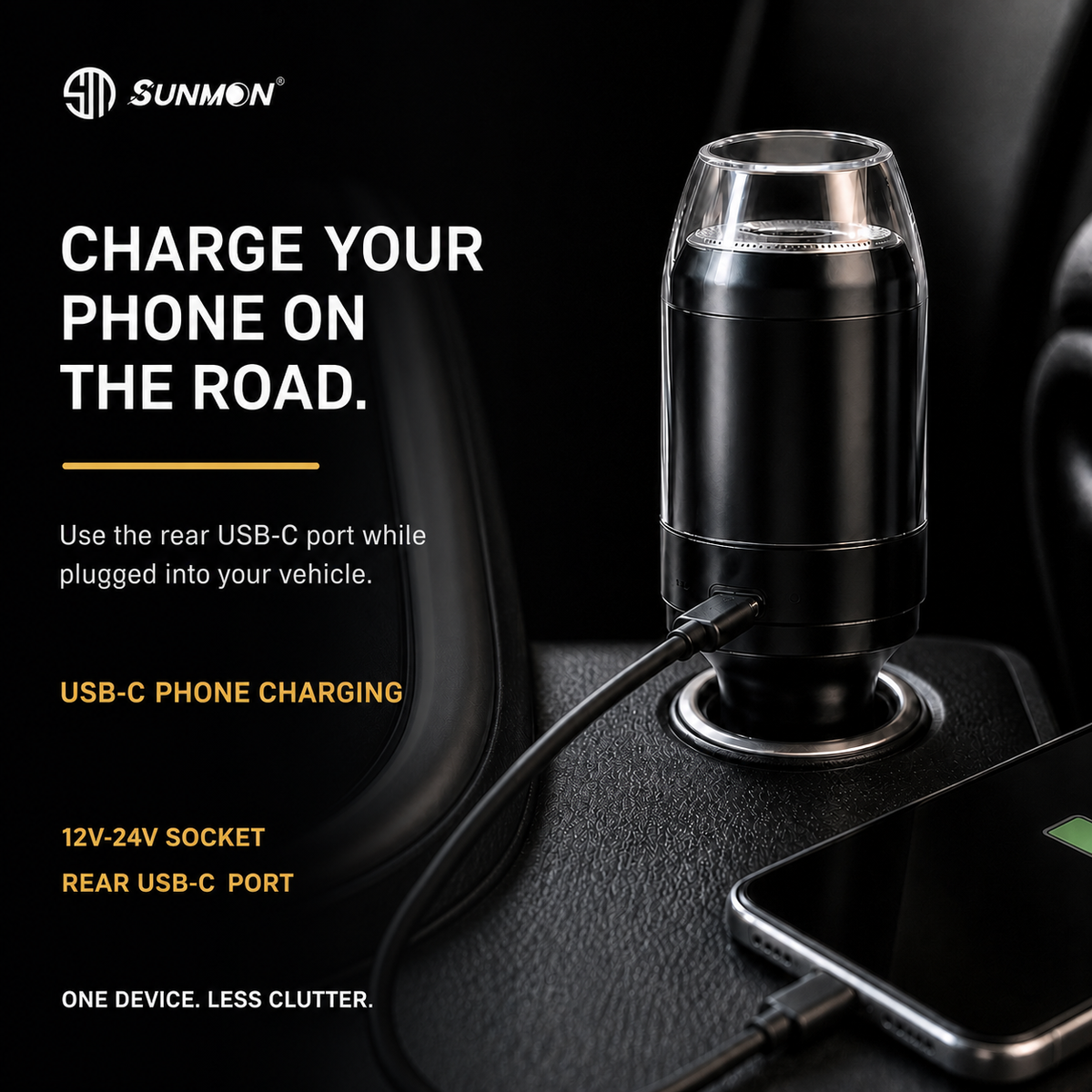 Sunmon car shaver charging a smartphone from a vehicle 12V-24V power socket