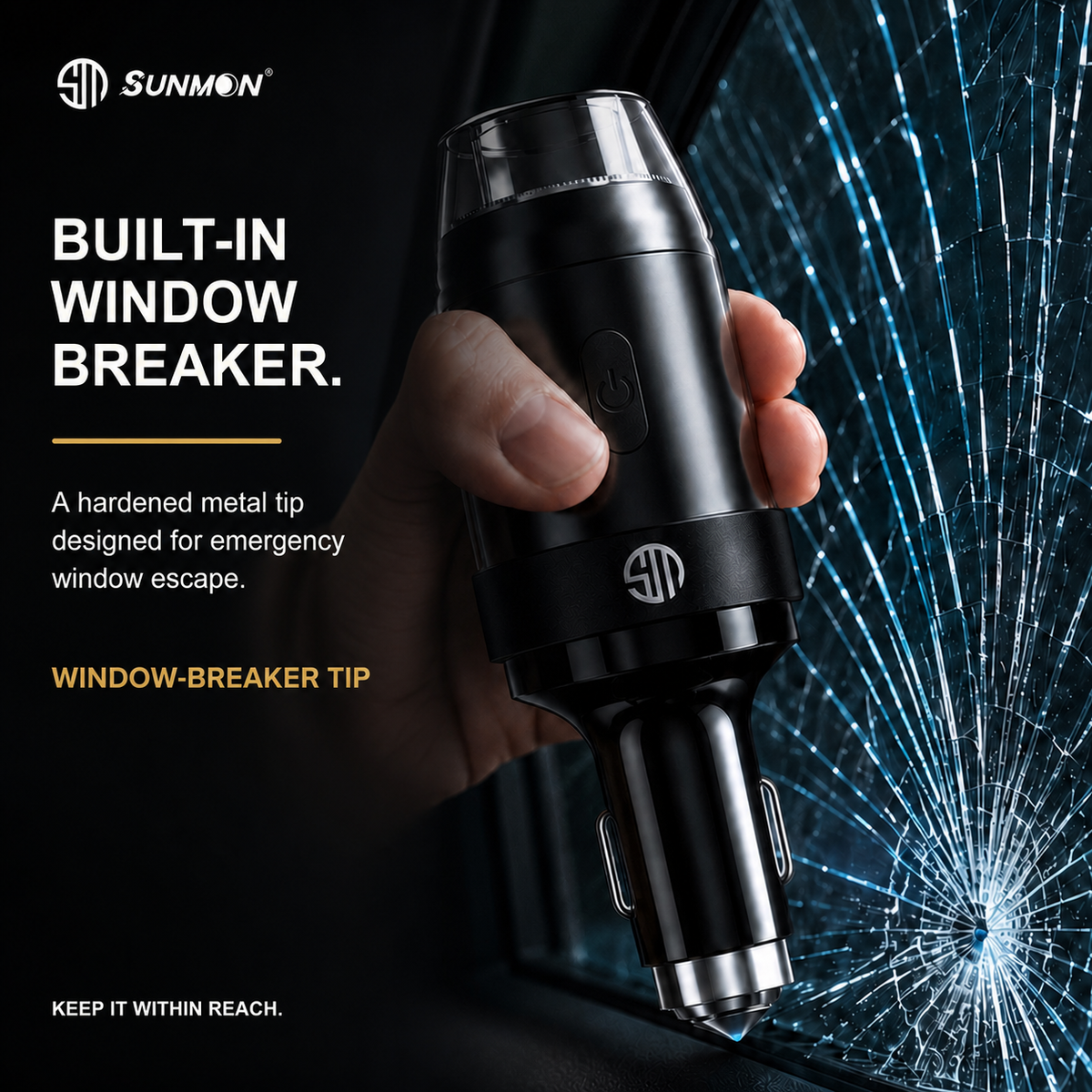 Hand holding the Sunmon car shaver with built-in emergency window breaker near car glass