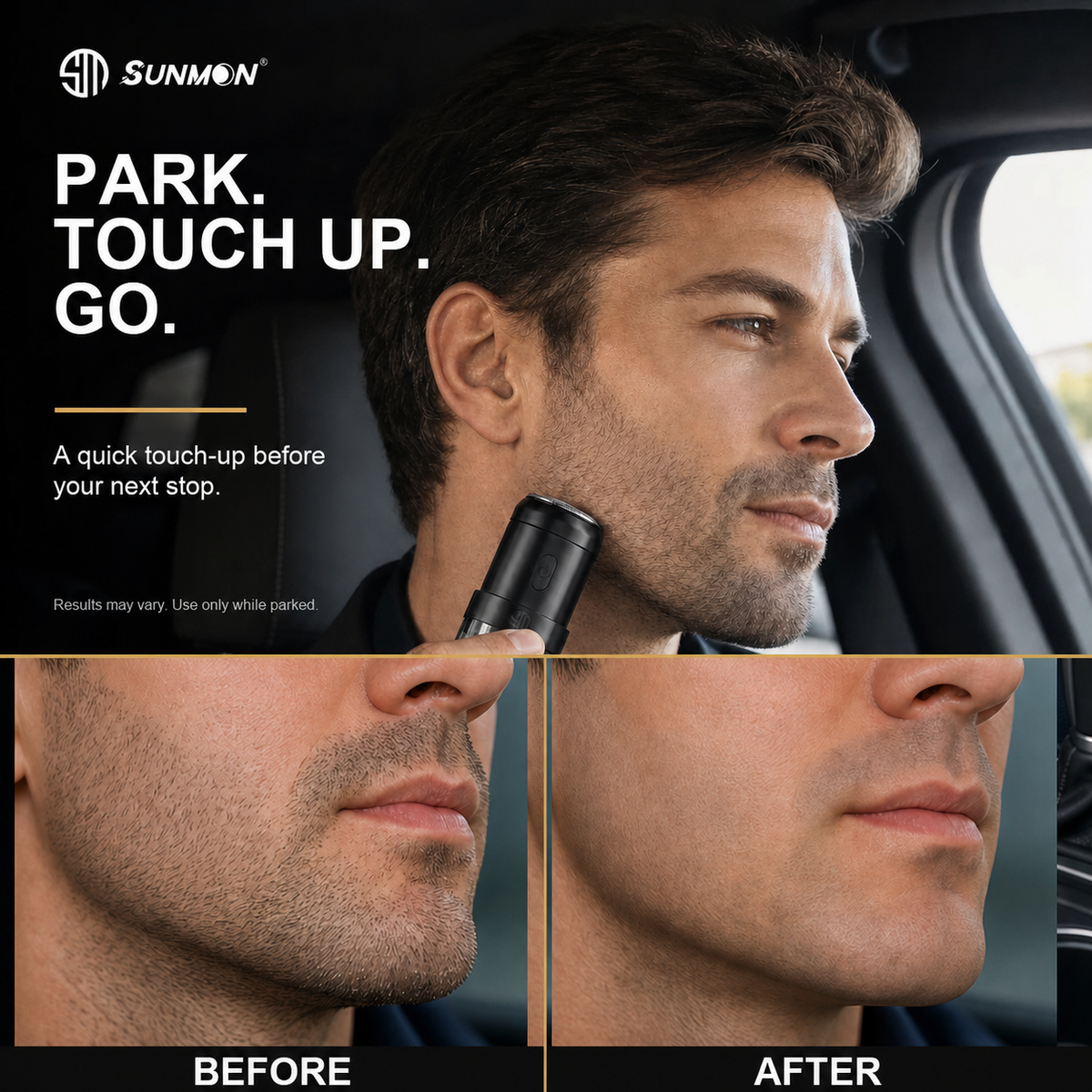 Man using the Sunmon portable car shaver with a before and after shaving comparison